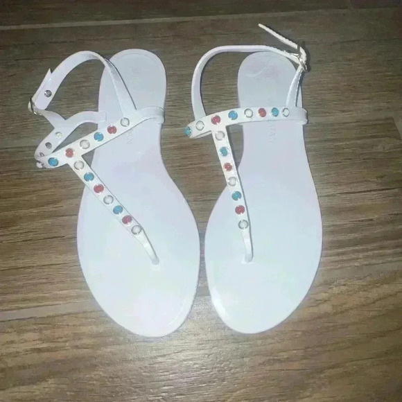 Stuart Weitzman Shoes - STUART WEITZMAN Womens White Slingback Studded Sawye Thong Sandals